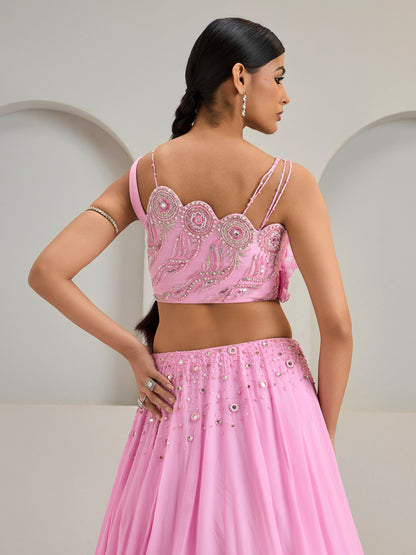 Lavender Pink Draped Organza Blouse With Lehanga And Dupatta