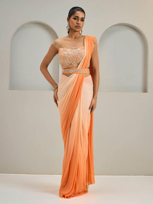 Orange Ombre Net Blouse With Georgette Saree And Belt