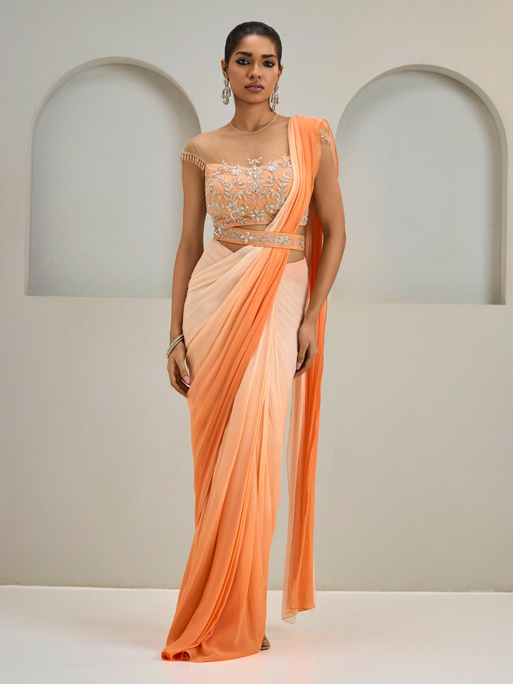 Orange Ombre Net Blouse With Georgette Saree And Belt