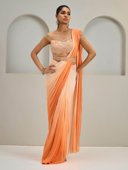 Orange Ombre Net Blouse With Georgette Saree And Belt