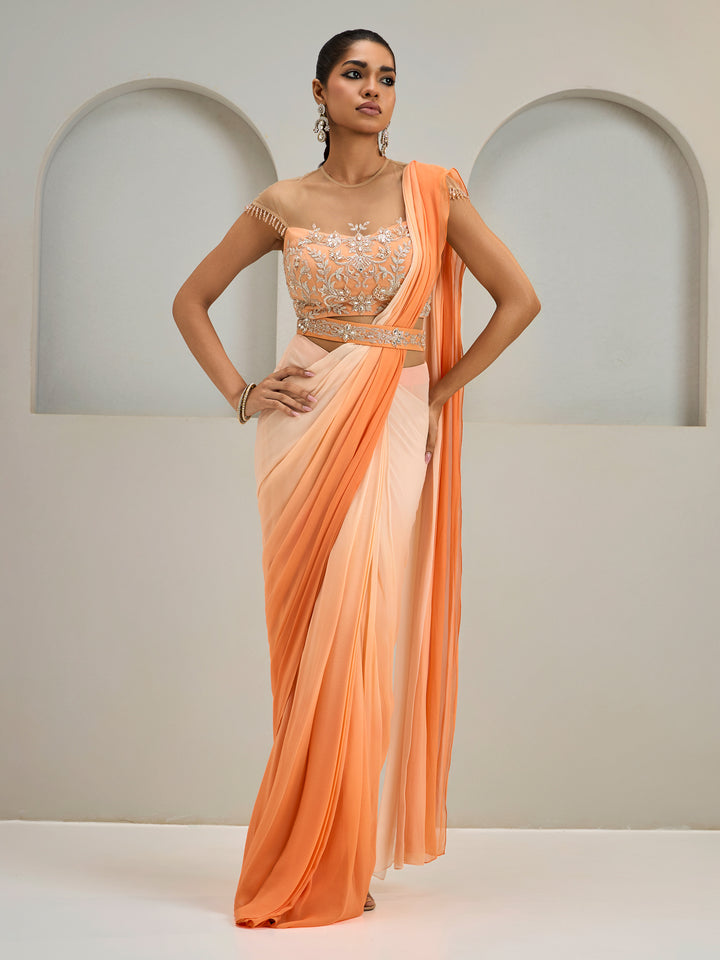 Orange Ombre Net Blouse With Georgette Saree And Belt