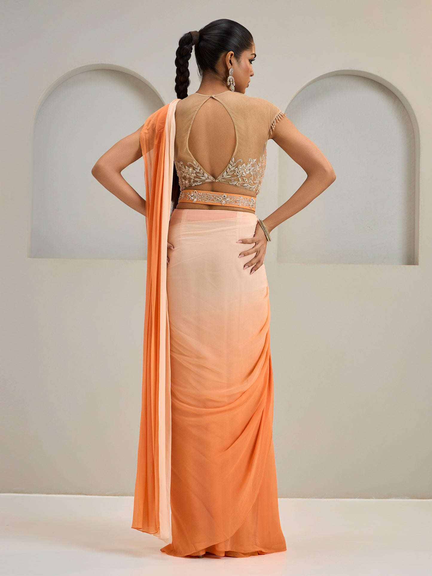 Orange Ombre Net Blouse With Georgette Saree And Belt