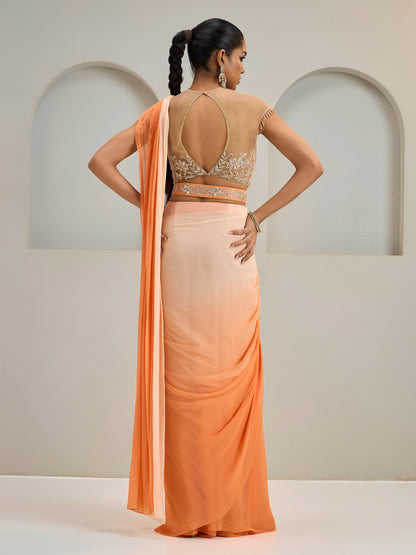Orange Ombre Net Blouse With Georgette Saree And Belt