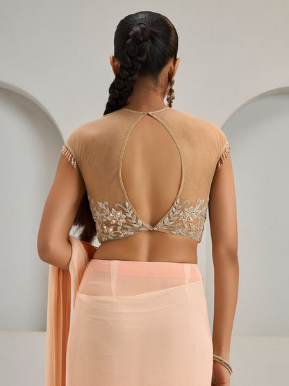 Orange Ombre Net Blouse With Georgette Saree And Belt