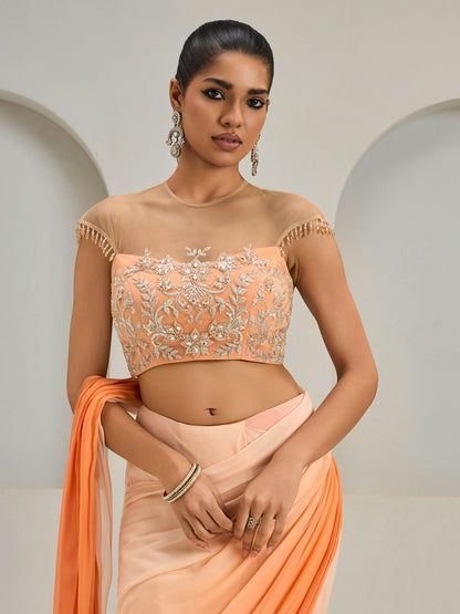 Orange Ombre Net Blouse With Georgette Saree And Belt