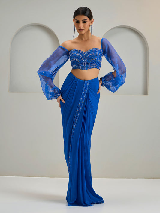 Royal Blue Embroidered Blouse With Georgette Draped Saree