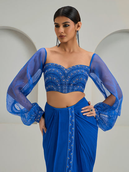 Royal Blue Embroidered Blouse With Georgette Draped Saree
