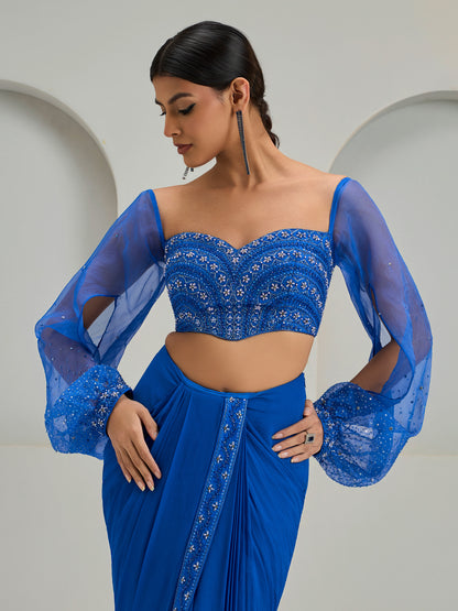 Royal Blue Embroidered Blouse With Georgette Draped Saree