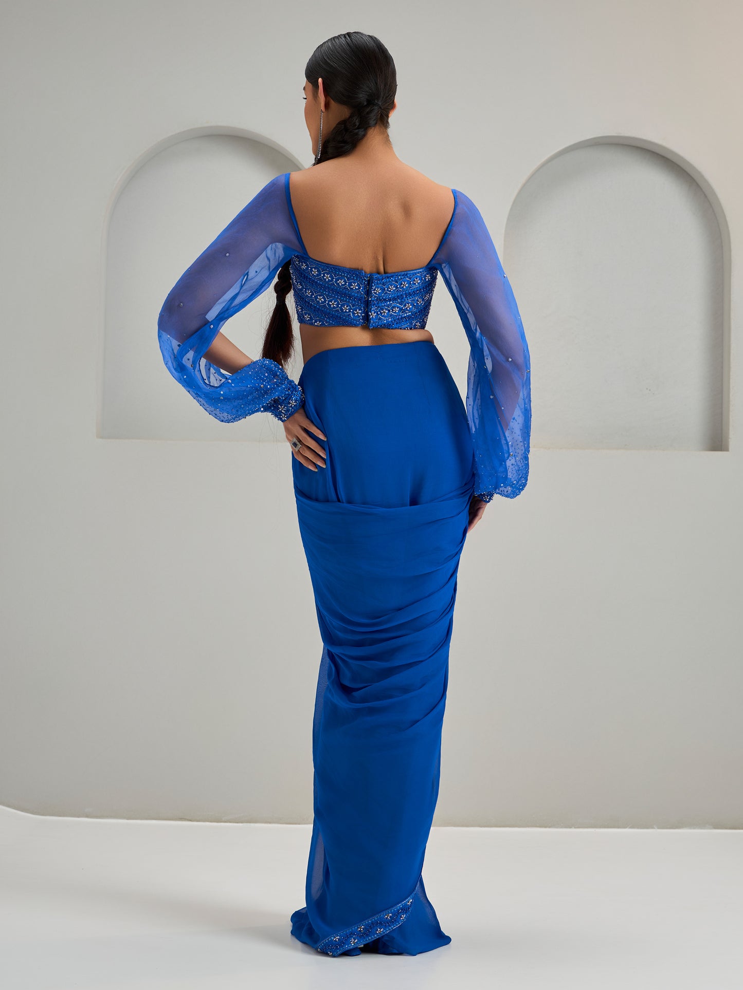 Royal Blue Embroidered Blouse With Georgette Draped Saree