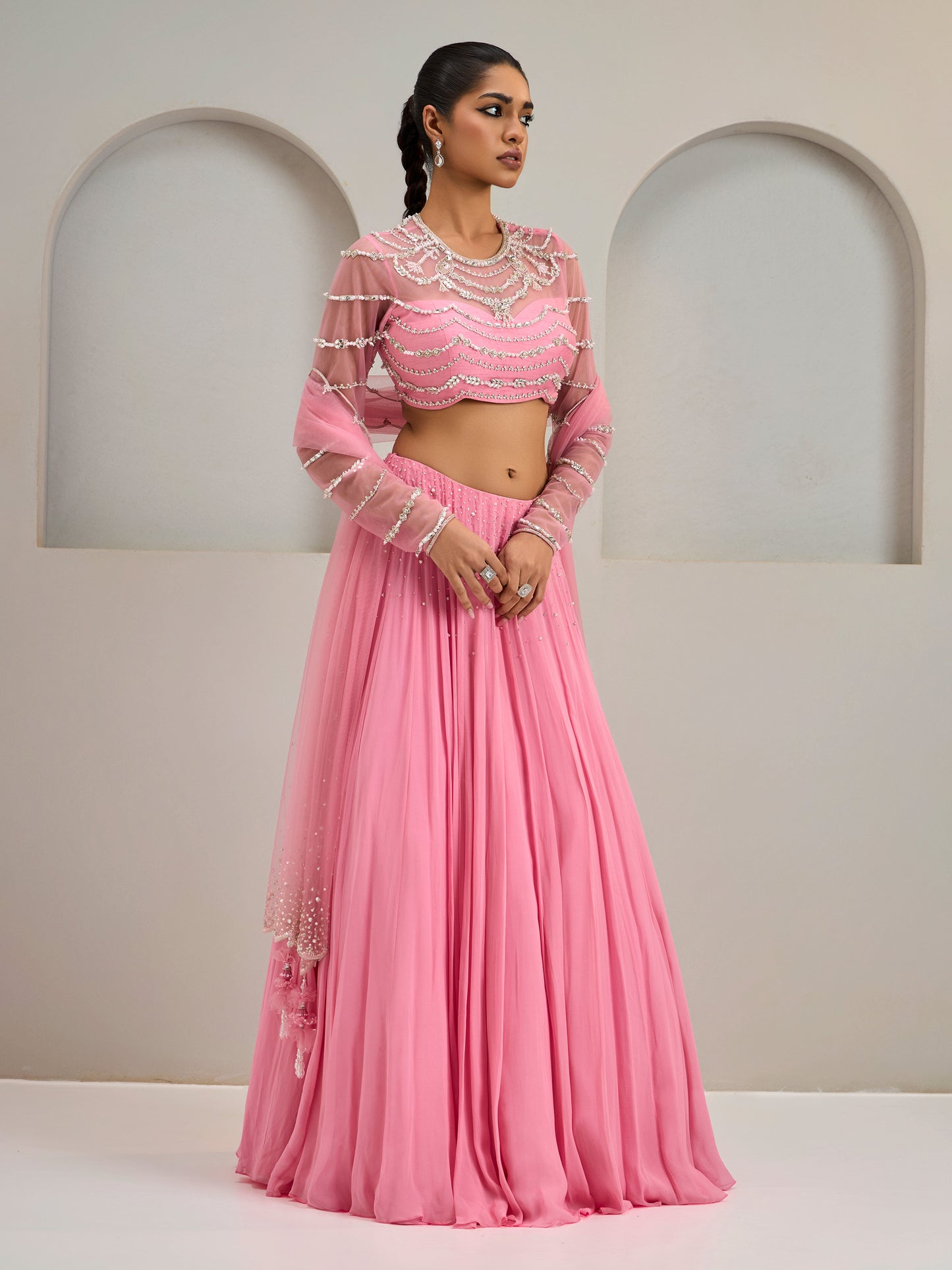 Light Flamingo Pink Embroidered Net Blouse With Lehanga And Dupatta