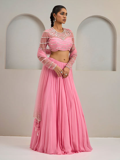 Light Flamingo Pink Embroidered Net Blouse With Lehanga And Dupatta