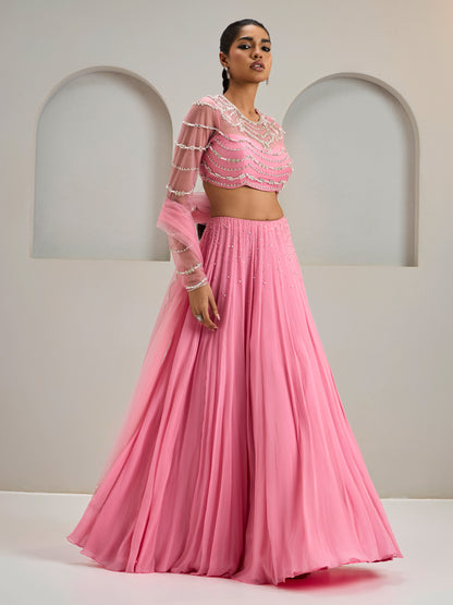 Light Flamingo Pink Embroidered Net Blouse With Lehanga And Dupatta