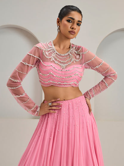 Light Flamingo Pink Embroidered Net Blouse With Lehanga And Dupatta