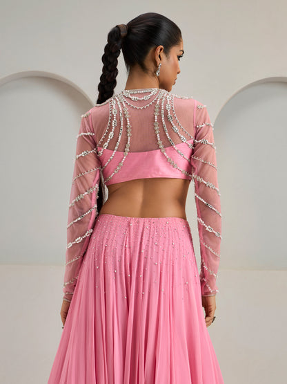 Light Flamingo Pink Embroidered Net Blouse With Lehanga And Dupatta