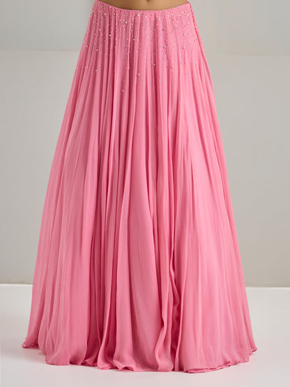 Light Flamingo Pink Embroidered Net Blouse With Lehanga And Dupatta