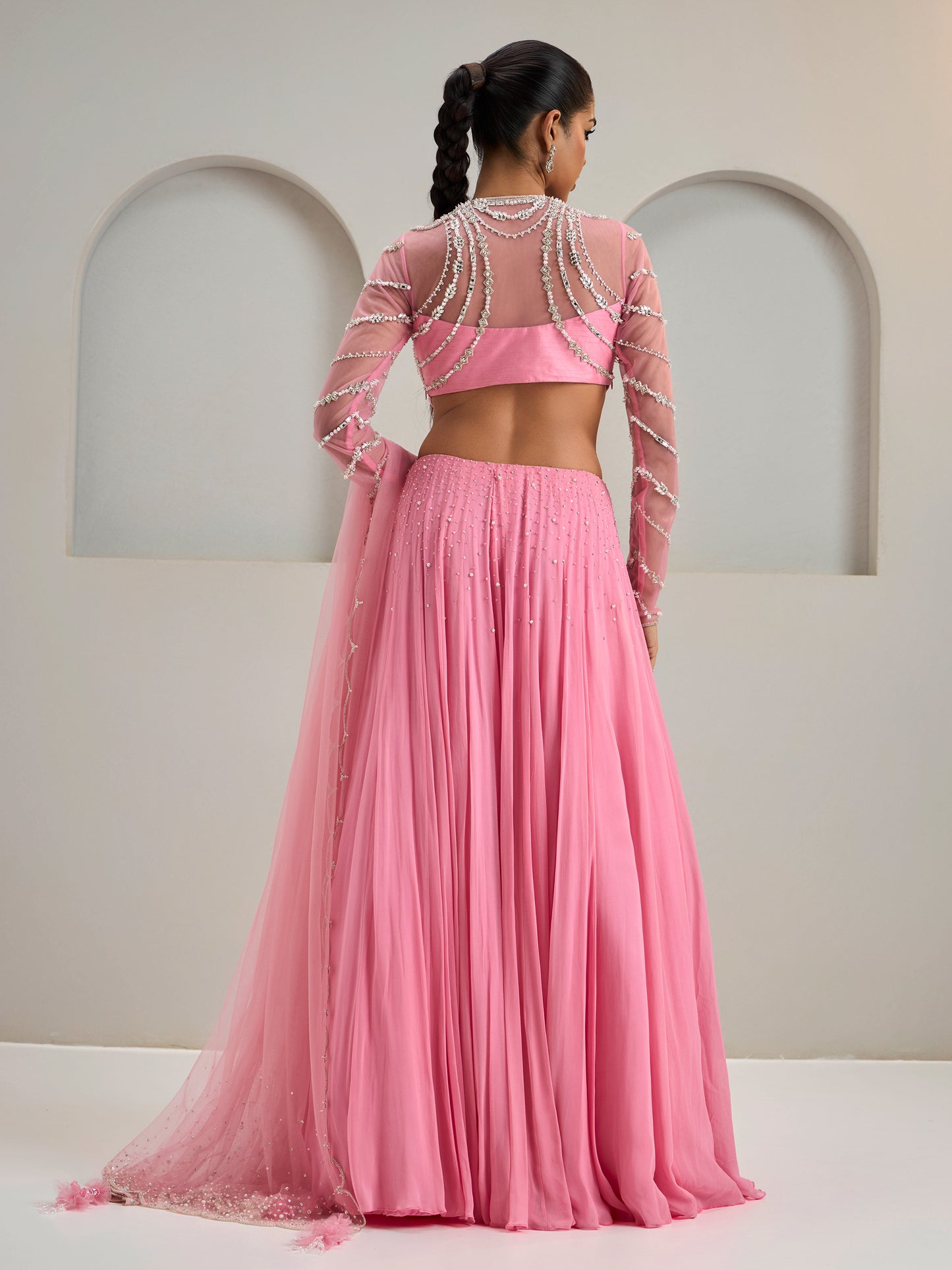 Light Flamingo Pink Embroidered Net Blouse With Lehanga And Dupatta