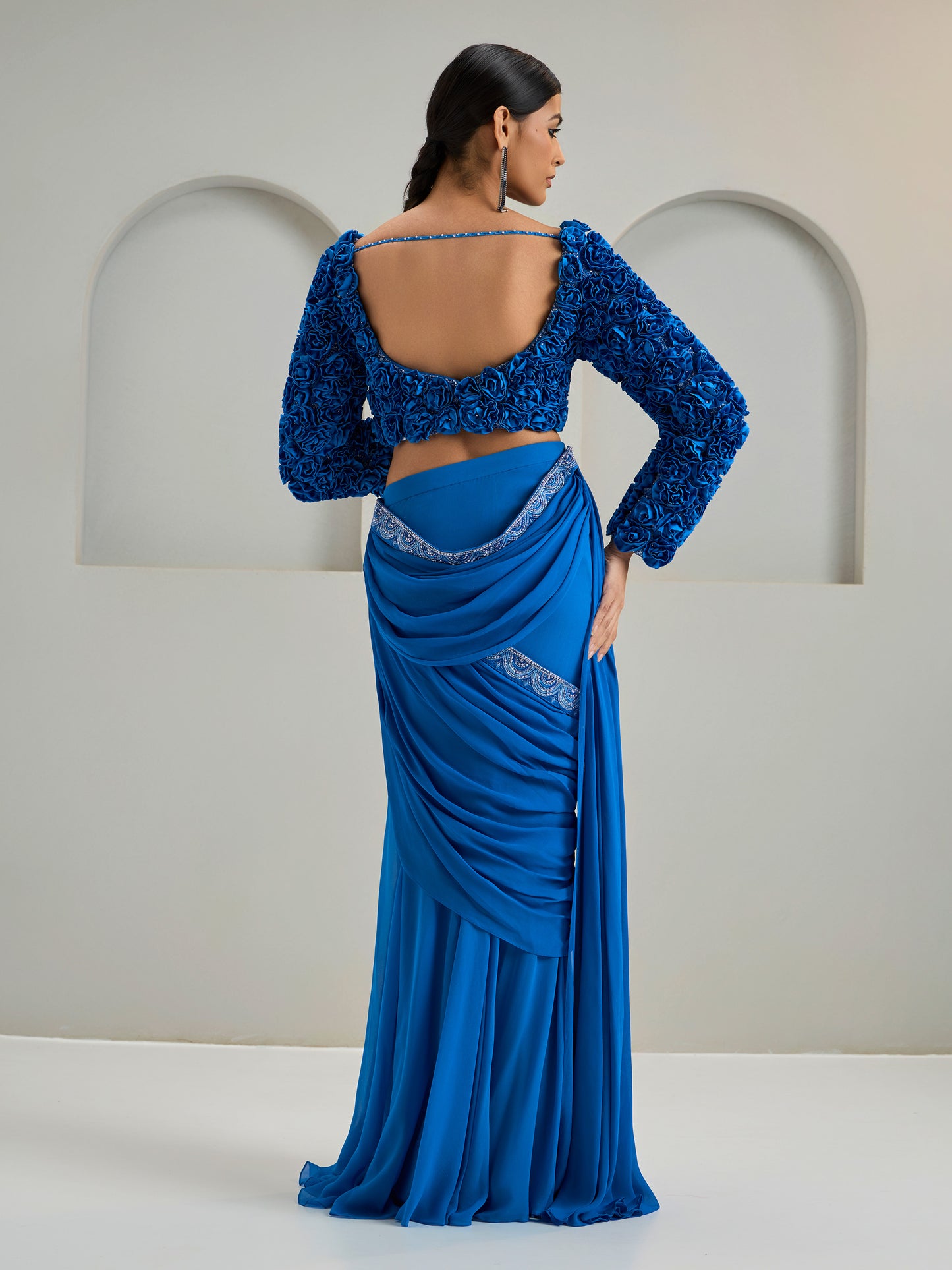 Royal Blue Embroidered Concept Blouse With Georgette Draped Saree