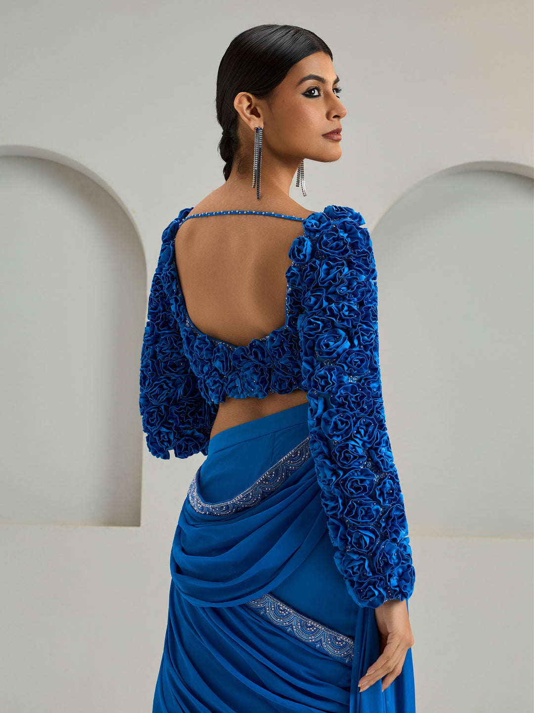 Royal Blue Embroidered Concept Blouse With Georgette Draped Saree