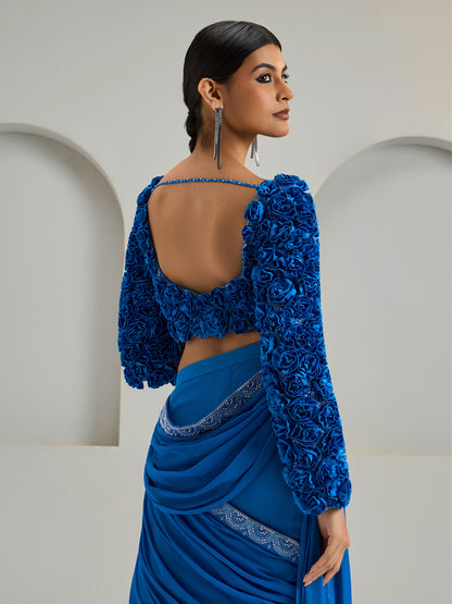 Royal Blue Embroidered Concept Blouse With Georgette Draped Saree