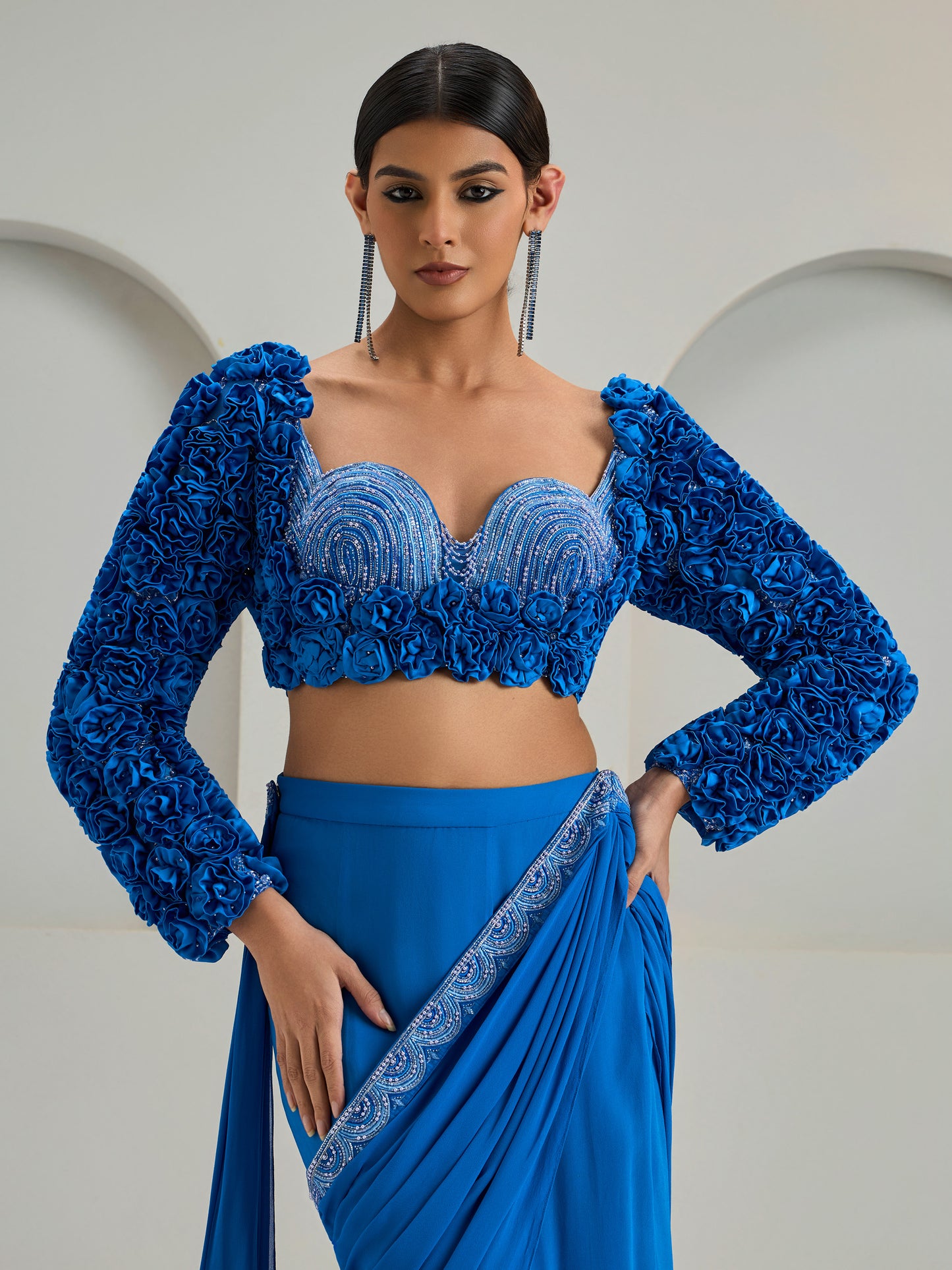 Royal Blue Embroidered Concept Blouse With Georgette Draped Saree
