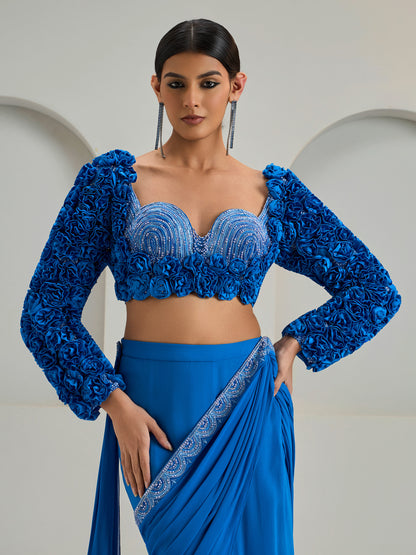 Royal Blue Embroidered Concept Blouse With Georgette Draped Saree