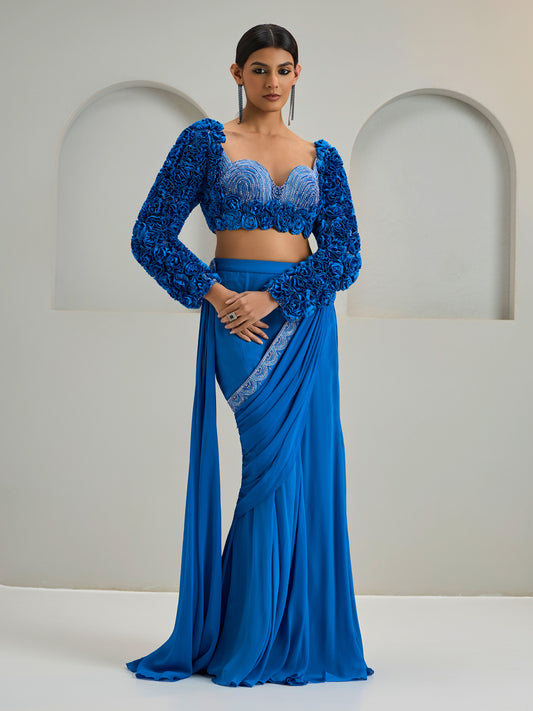 Royal Blue Embroidered Concept Blouse With Georgette Draped Saree