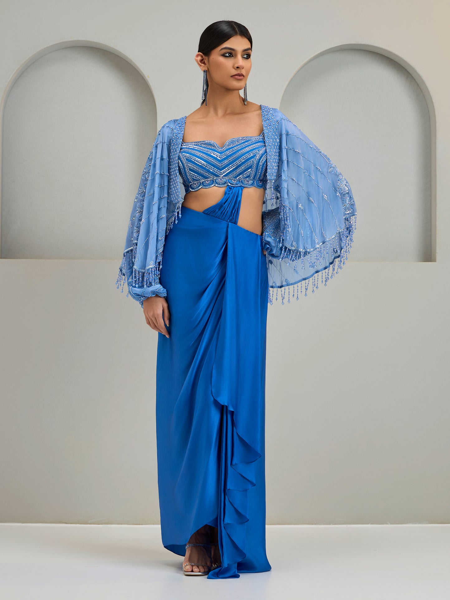 Mist Blue Organza Cape Jacket With Ballon Sleeve Blouse And Modal Satin Draped Skirt