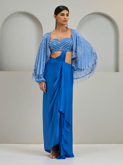 Mist Blue Organza Cape Jacket With Ballon Sleeve Blouse And Modal Satin Draped Skirt