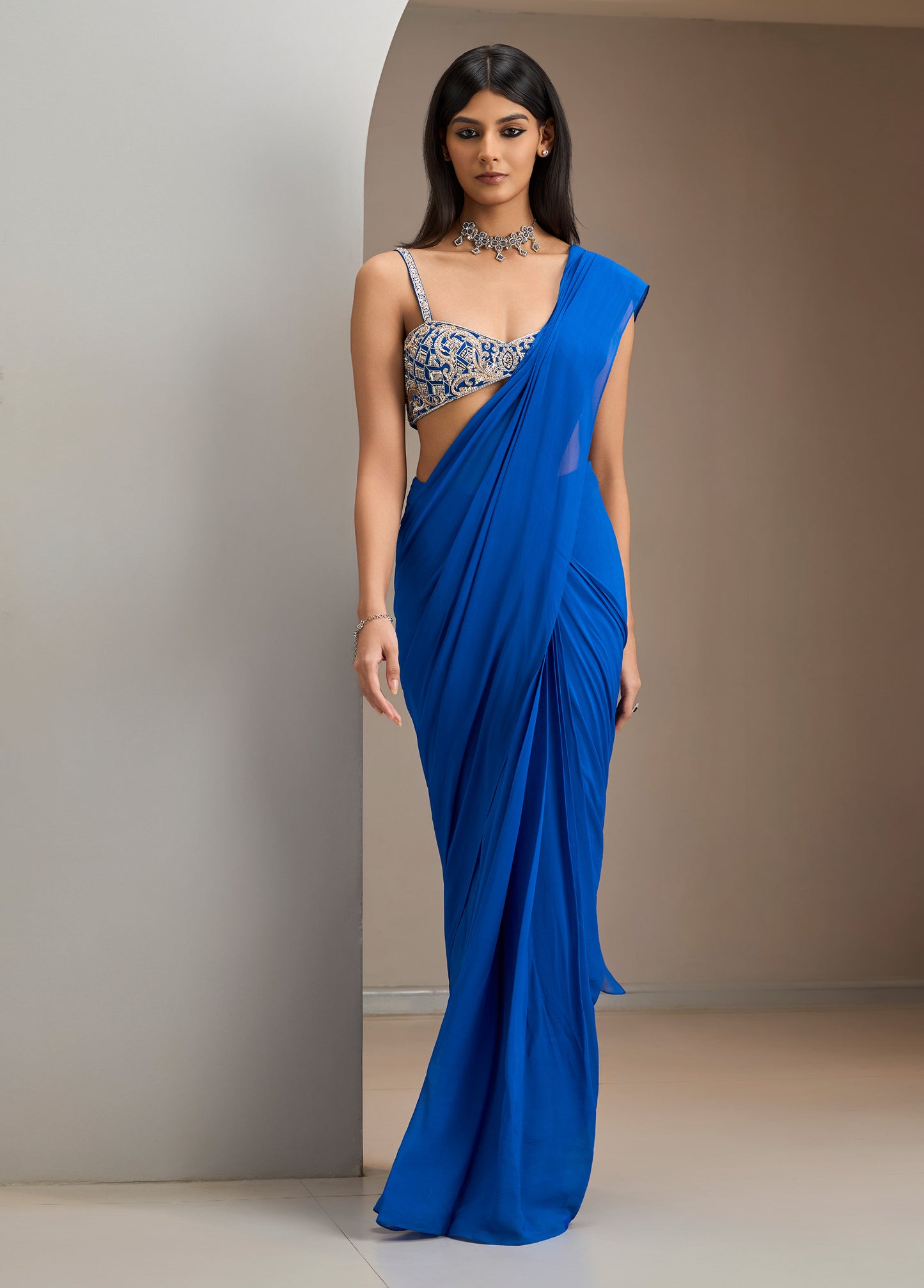 Electric Blue Net Blouse With Pre Stitched Saree