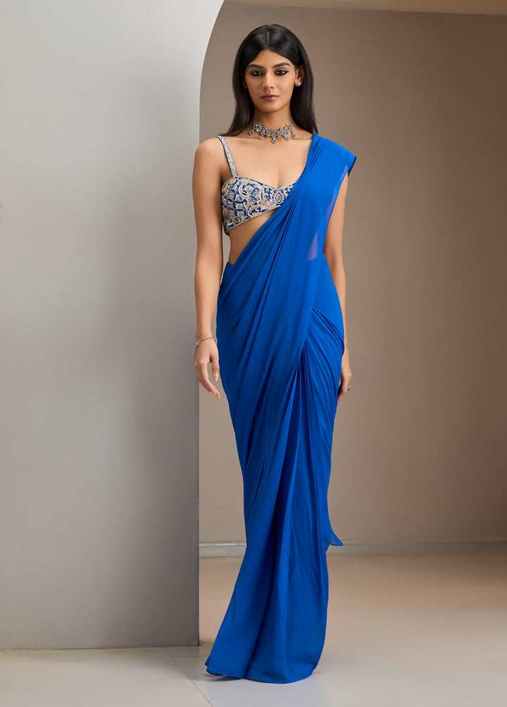Electric Blue Net Blouse With Pre Stitched Saree