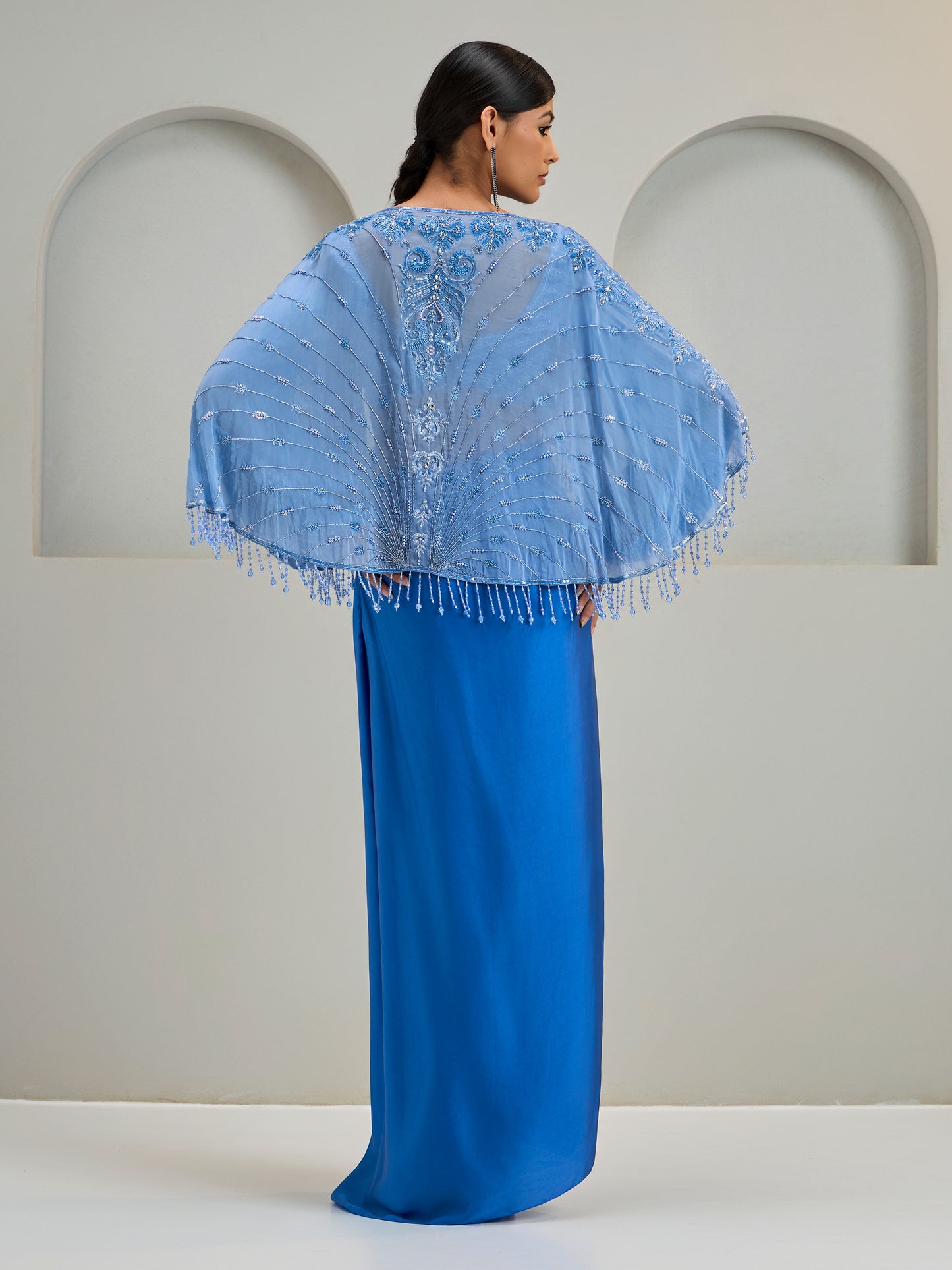 Mist Blue Organza Cape Jacket With Ballon Sleeve Blouse And Modal Satin Draped Skirt