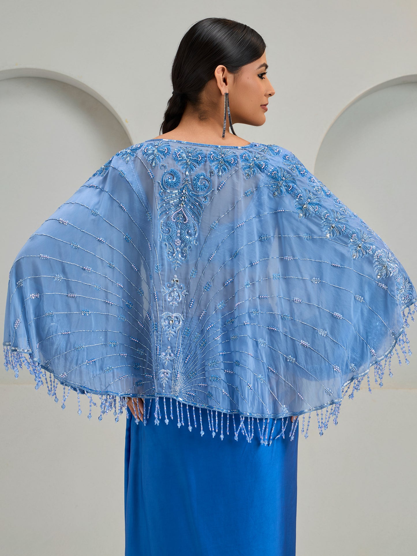 Mist Blue Organza Cape Jacket With Ballon Sleeve Blouse And Modal Satin Draped Skirt