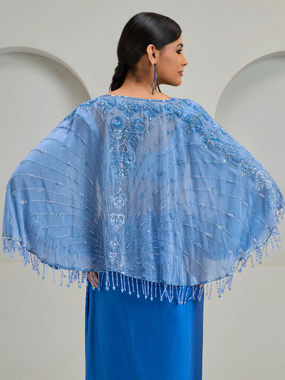 Mist Blue Organza Cape Jacket With Ballon Sleeve Blouse And Modal Satin Draped Skirt