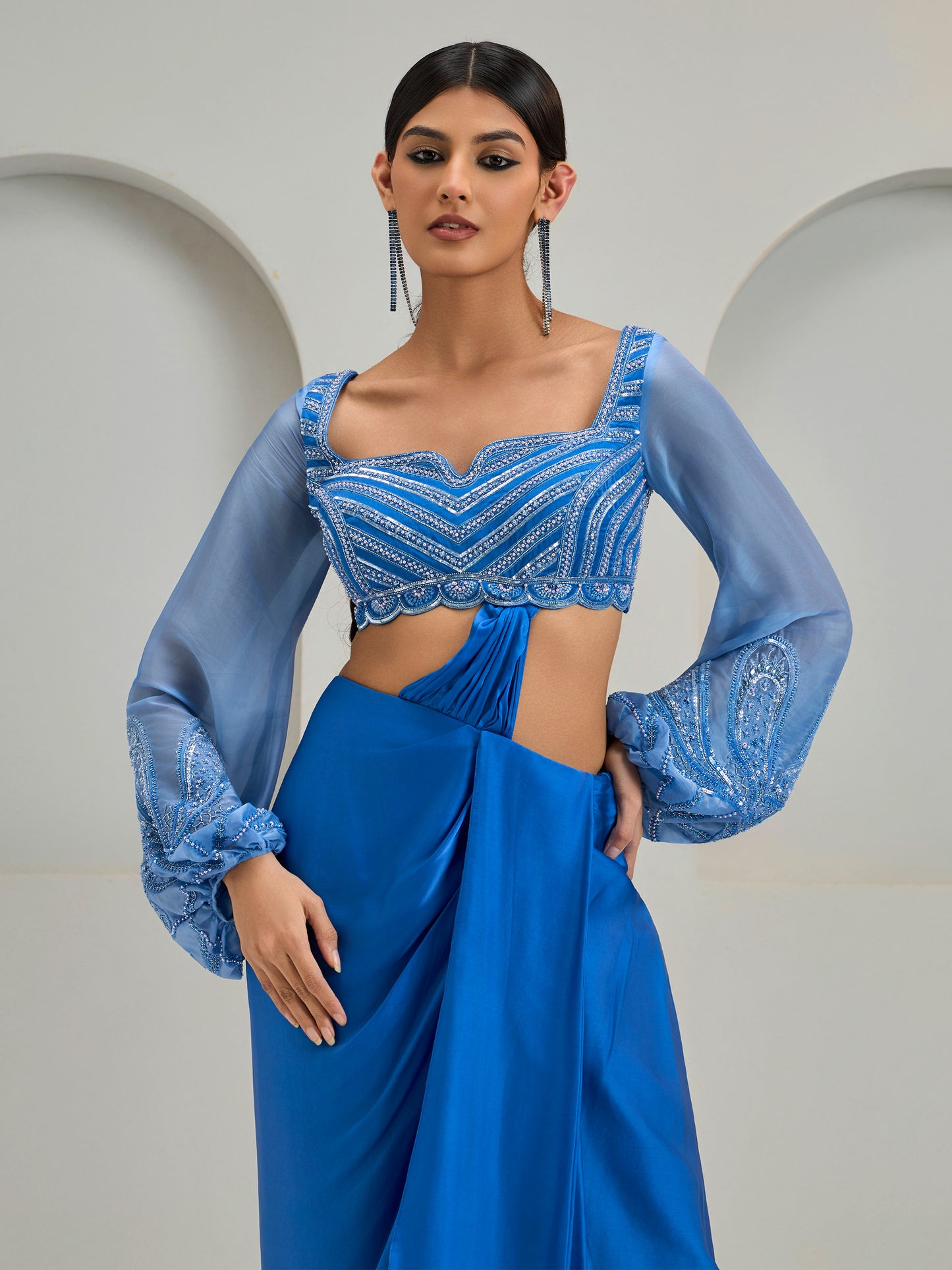 Mist Blue Organza Cape Jacket With Ballon Sleeve Blouse And Modal Satin Draped Skirt