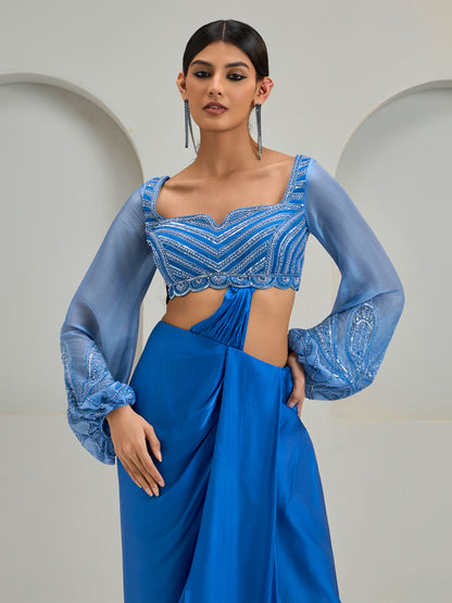 Mist Blue Organza Cape Jacket With Ballon Sleeve Blouse And Modal Satin Draped Skirt