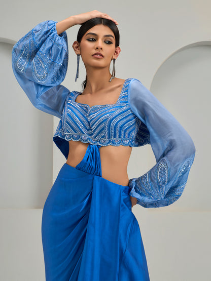 Mist Blue Organza Cape Jacket With Ballon Sleeve Blouse And Modal Satin Draped Skirt