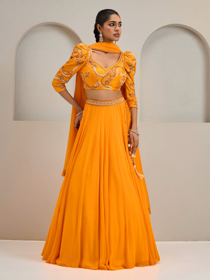 Sunset Orange Embroidered Puffed Sleeves Blouse With Lehanga And Dupatta