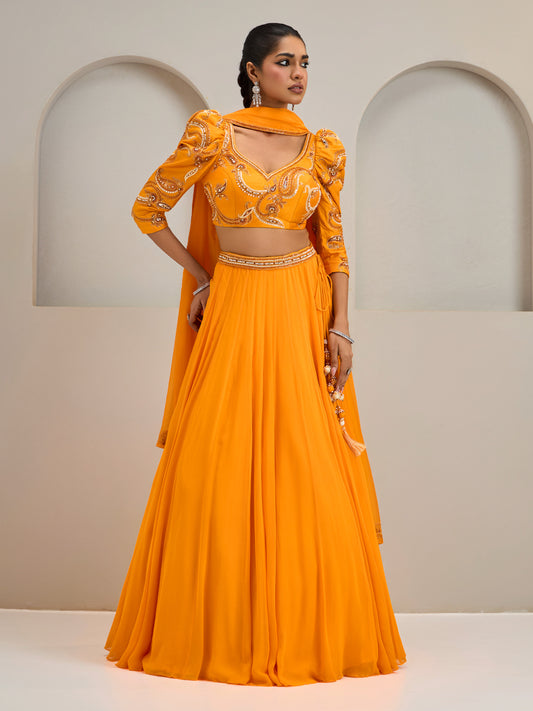 Sunset Orange Embroidered Puffed Sleeves Blouse With Lehanga And Dupatta