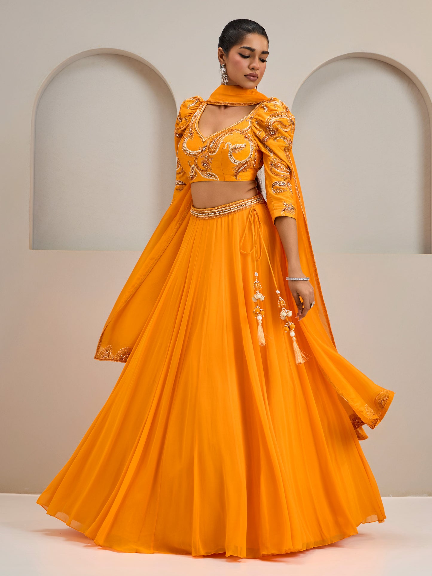 Sunset Orange Embroidered Puffed Sleeves Blouse With Lehanga And Dupatta