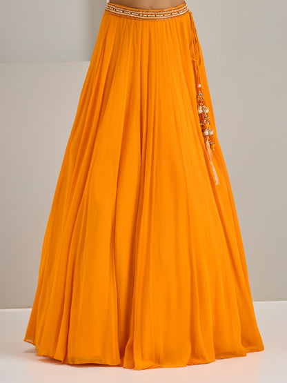 Sunset Orange Embroidered Puffed Sleeves Blouse With Lehanga And Dupatta