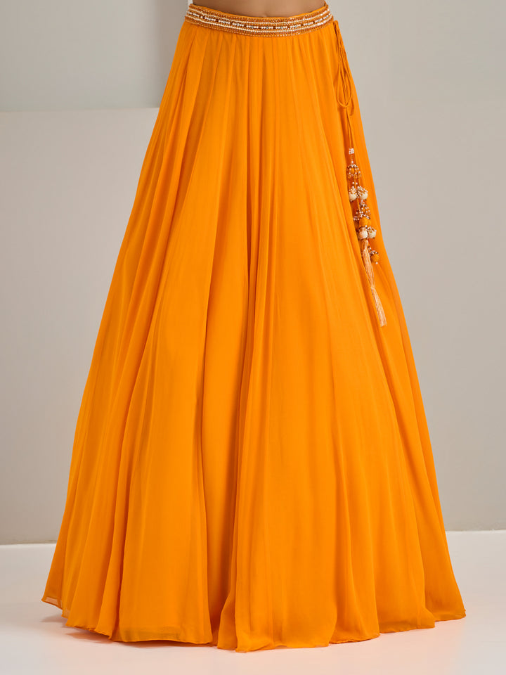 Sunset Orange Embroidered Puffed Sleeves Blouse With Lehanga And Dupatta