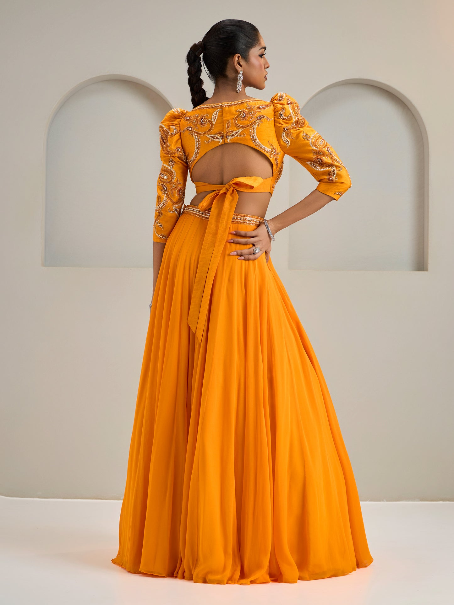 Sunset Orange Embroidered Puffed Sleeves Blouse With Lehanga And Dupatta