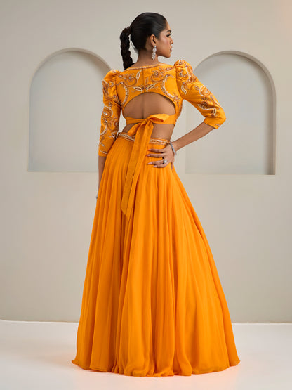 Sunset Orange Embroidered Puffed Sleeves Blouse With Lehanga And Dupatta