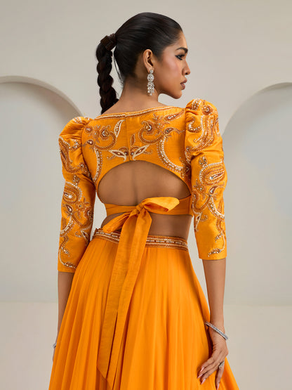 Sunset Orange Embroidered Puffed Sleeves Blouse With Lehanga And Dupatta