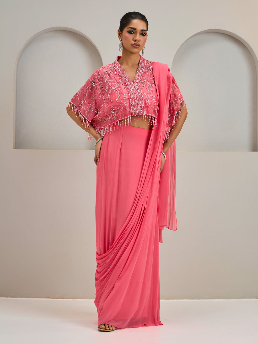 Coral Pink Organza Cape With Draped Saree