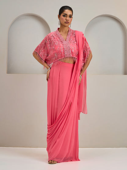 Coral Pink Organza Cape With Draped Saree