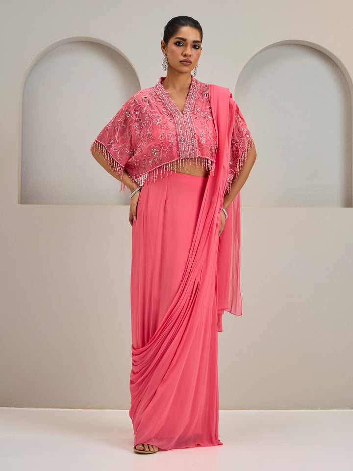 Coral Pink Organza Cape With Draped Saree