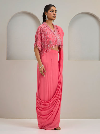 Coral Pink Organza Cape With Draped Saree