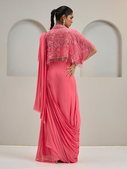 Coral Pink Organza Cape With Draped Saree