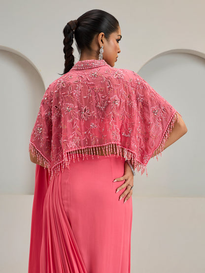 Coral Pink Organza Cape With Draped Saree